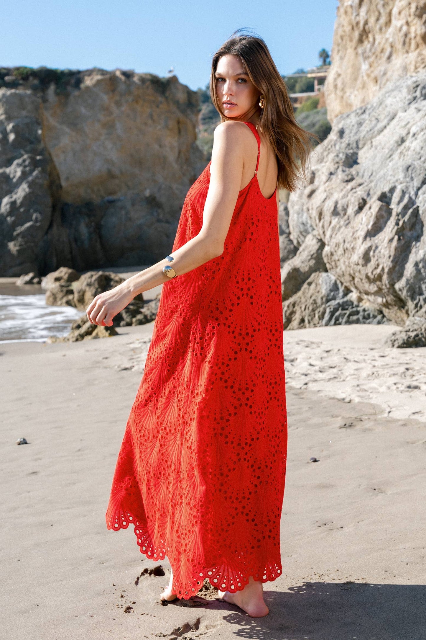 Lalavon - Sleeveless Floral Embroidery Maxi Dress