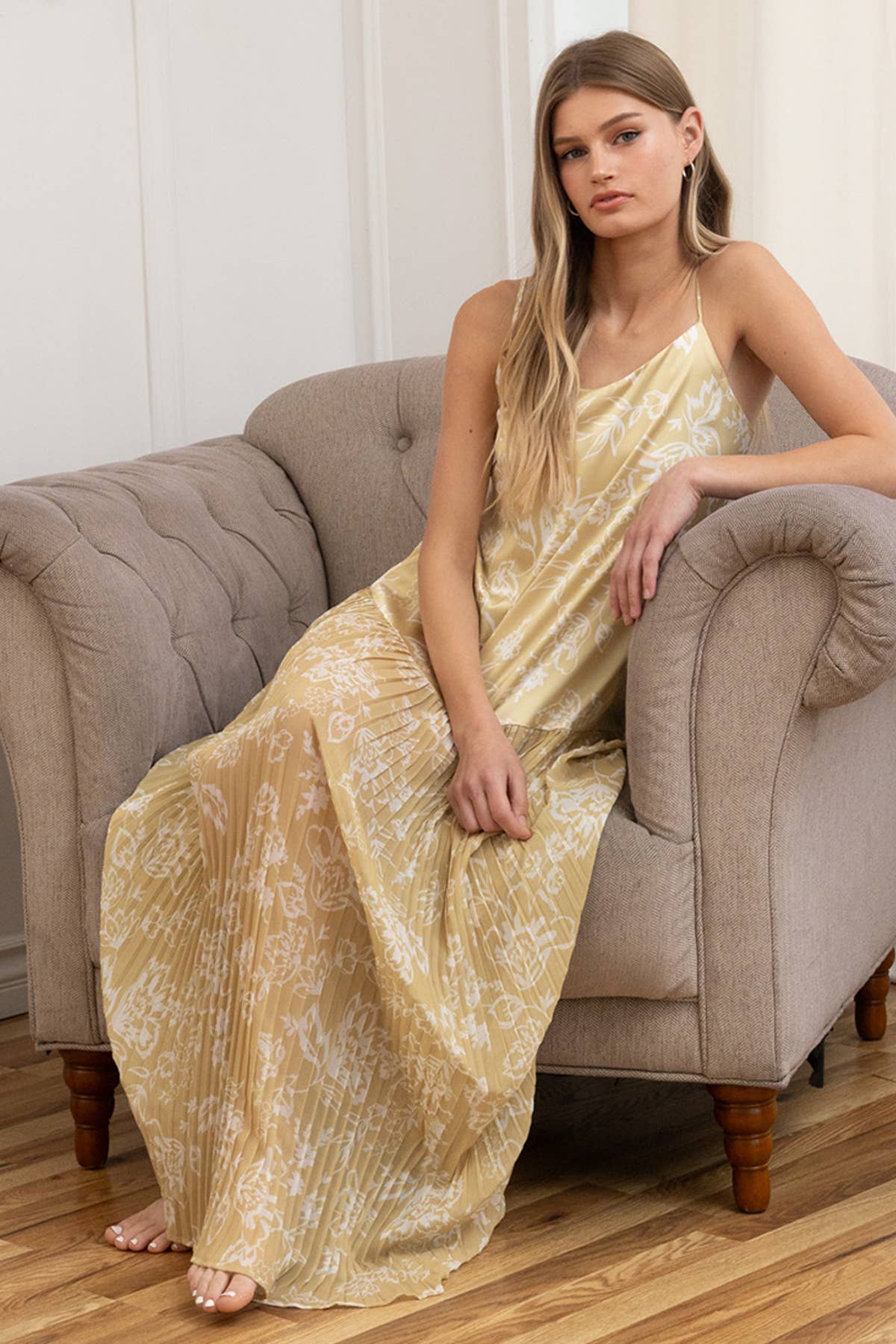 RAISONNEL - Satin Bodice Chiffon Pleated Midi Dress
