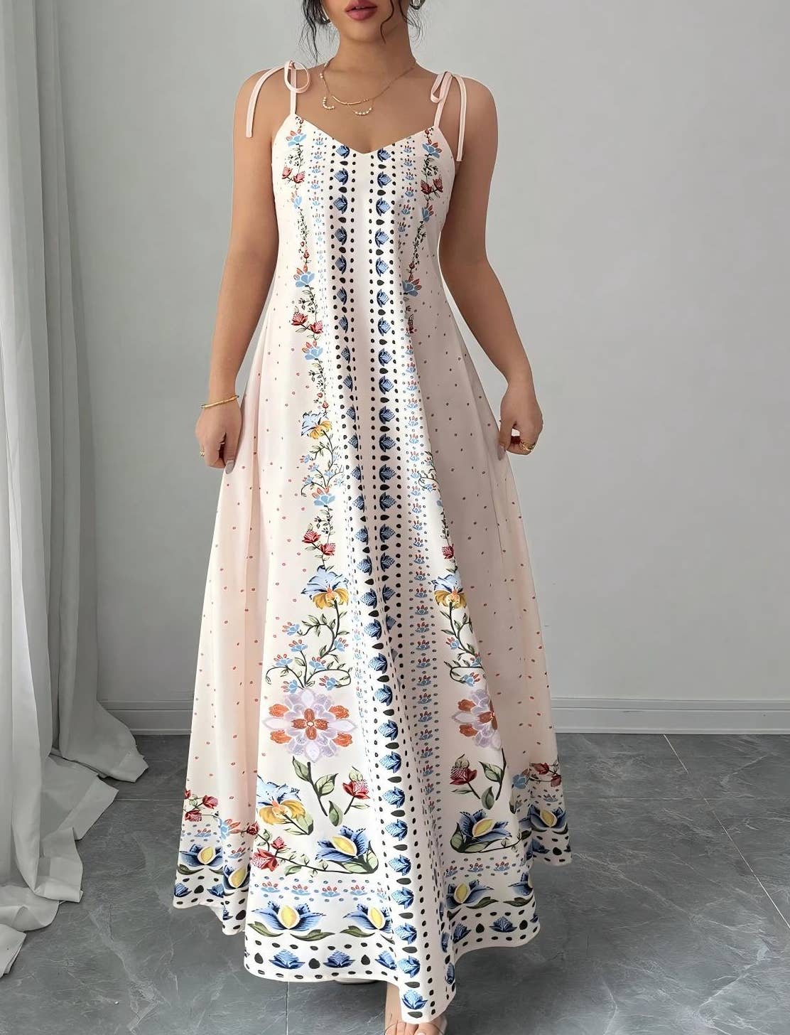 HIDDENBRAND - Vacation Tie Spaghetti Floral Print Strap Maxi Dress