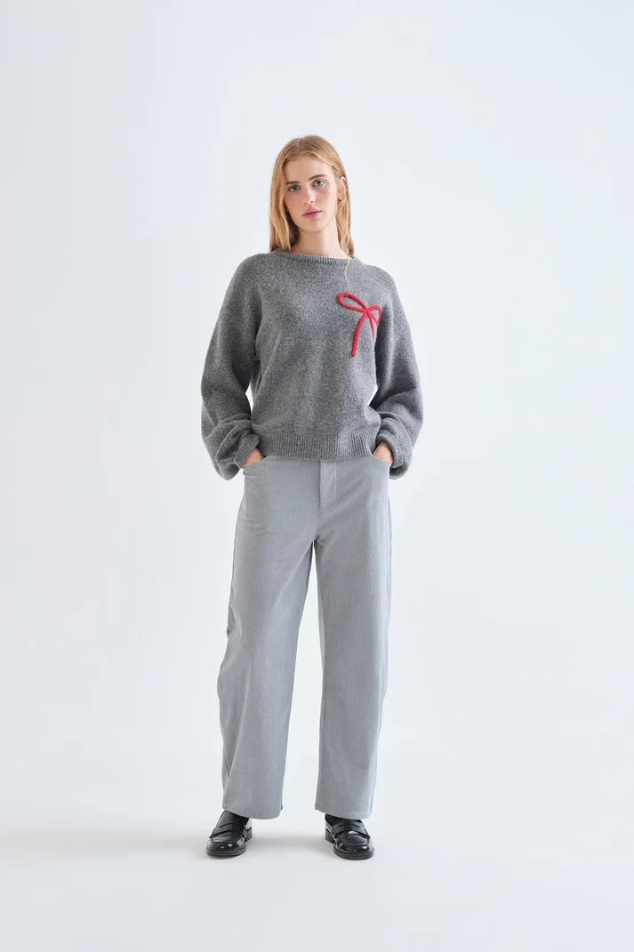 Compania Fantastică Grey Knit Sweater with Red Bow