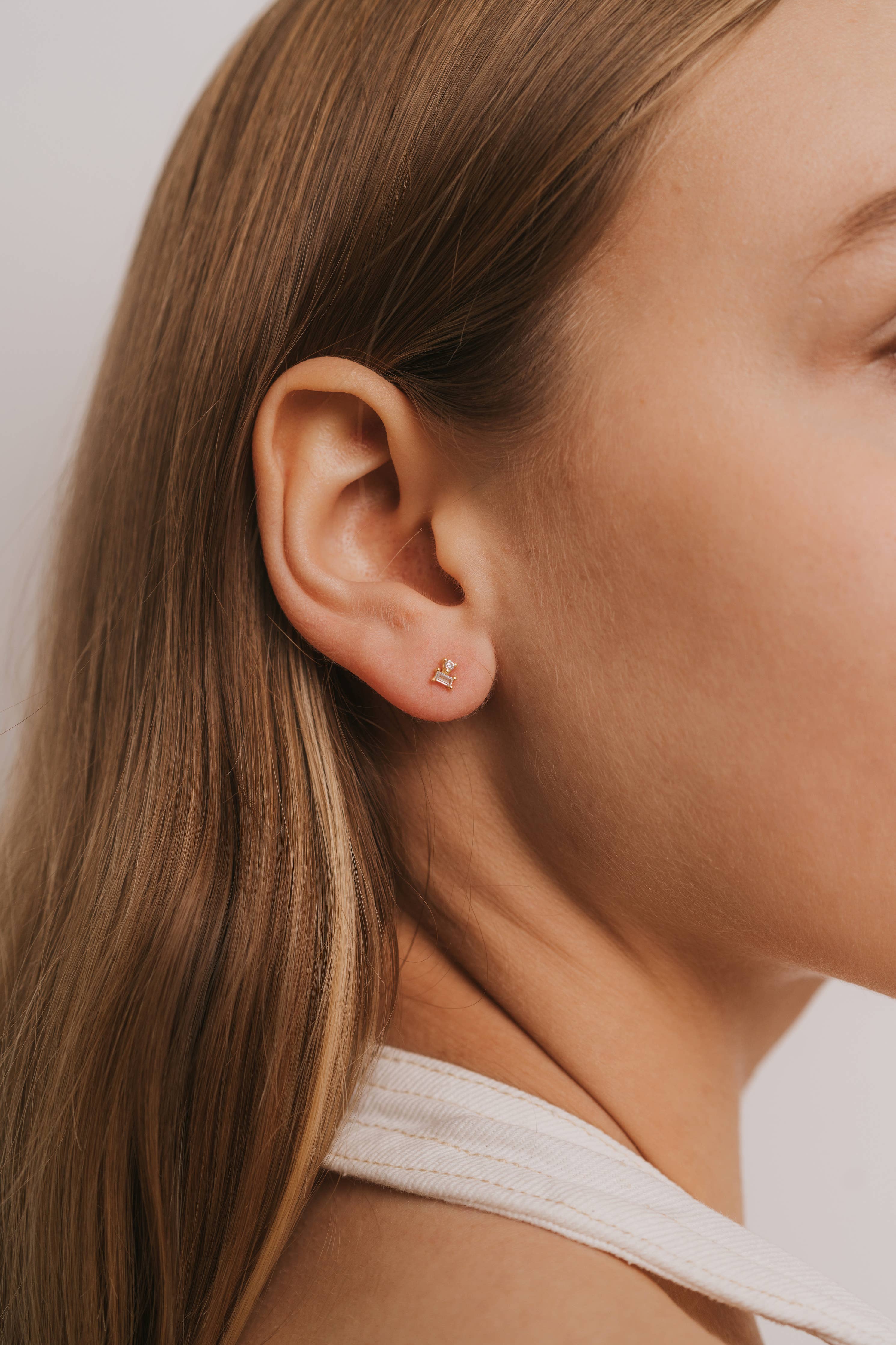Double Stud Stack - White CZ - Gold Earrings
