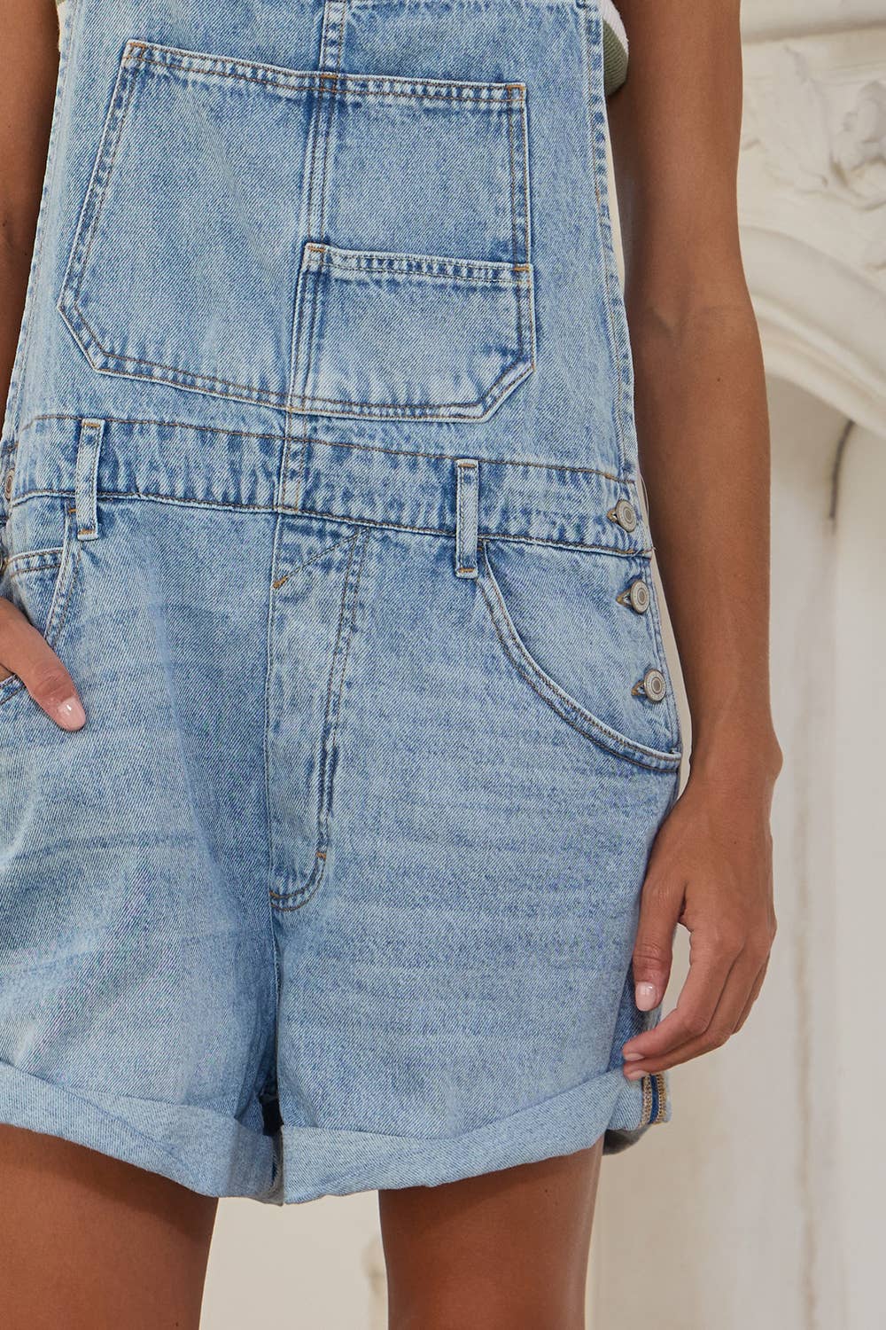 Front bib pocket Rolled Hemlines Denim Overalls