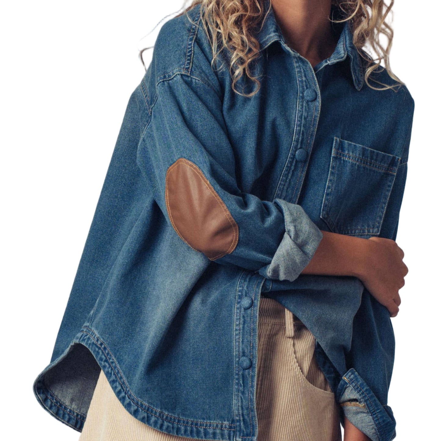 Urban Daizy - Elbow Patch Denim Button-Up Shirt