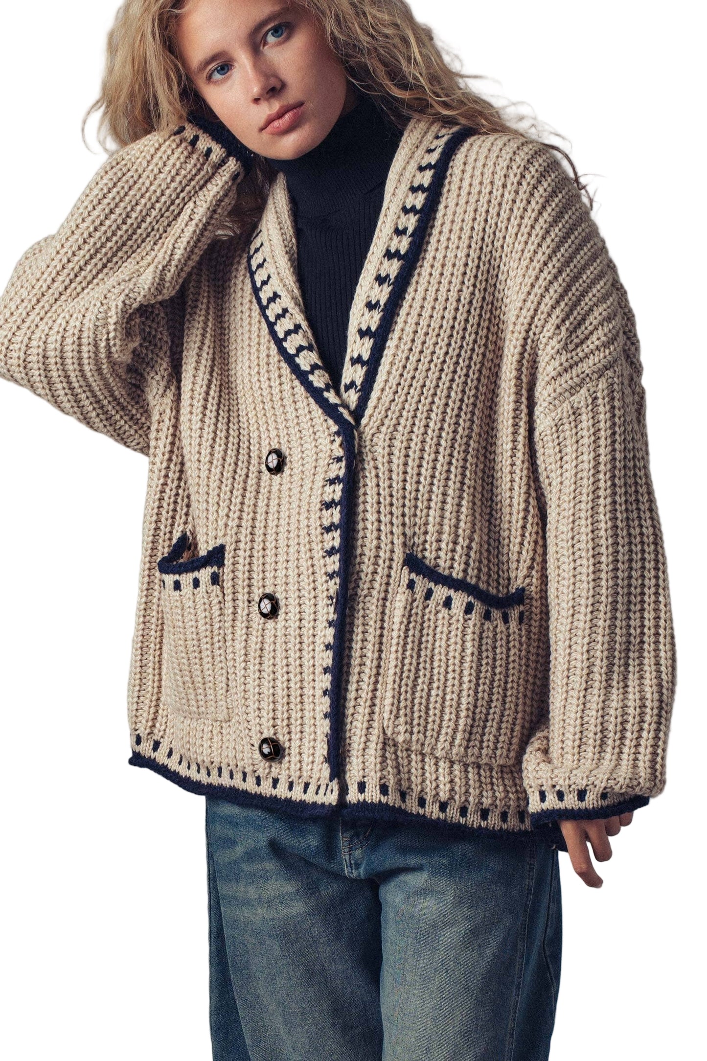 Urban Daizy - Chunky Knit Oversized Contrast Cardigan