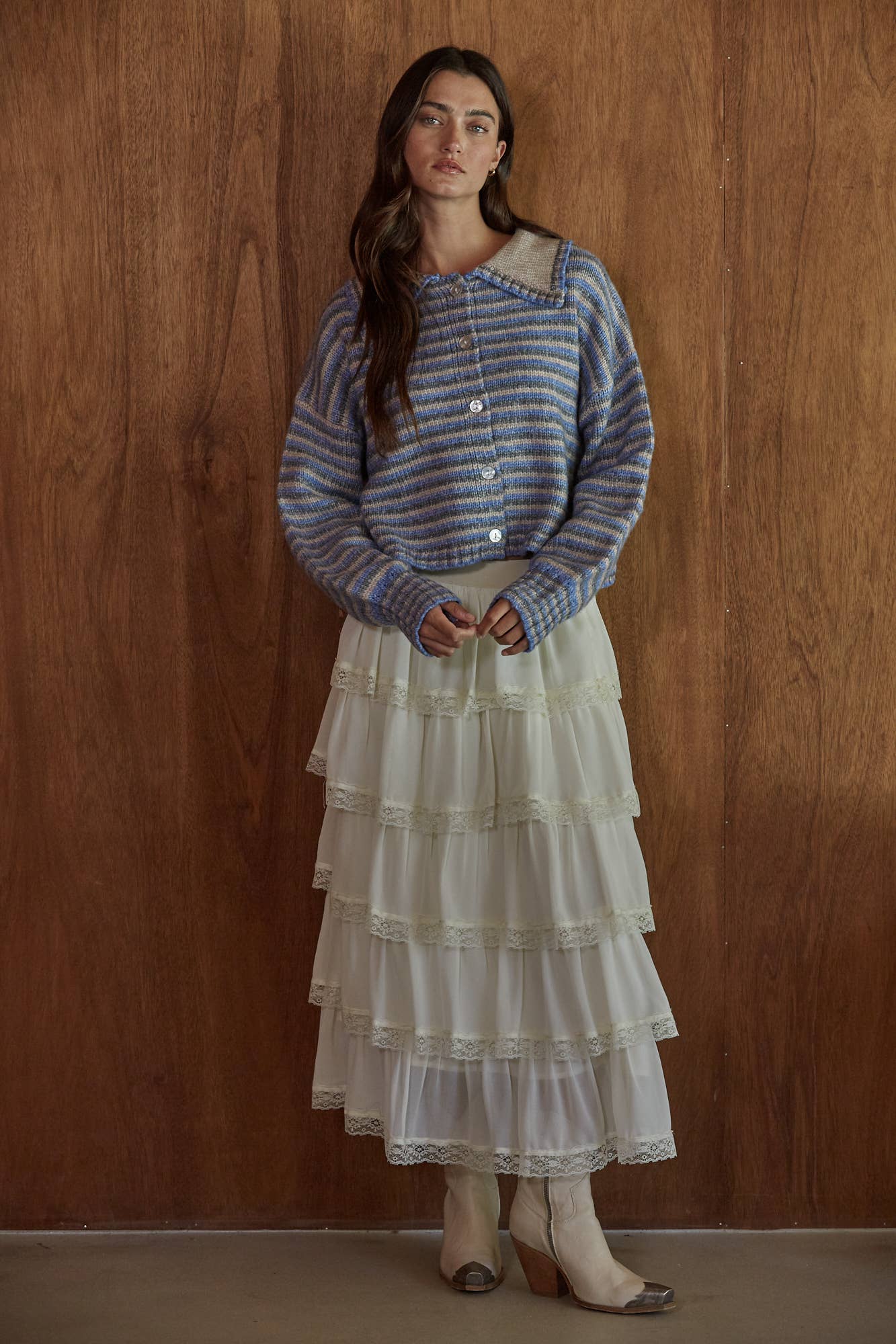 By Together Knit Sweater Striped Collar Neck Cardigan