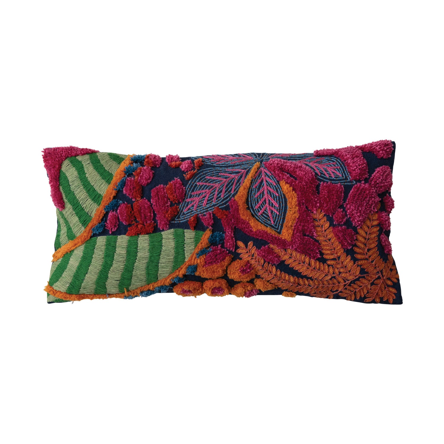 Embroidered Fabric Indoor/Outdoor Lumbar Pillow w/ Tufted Botanicals
