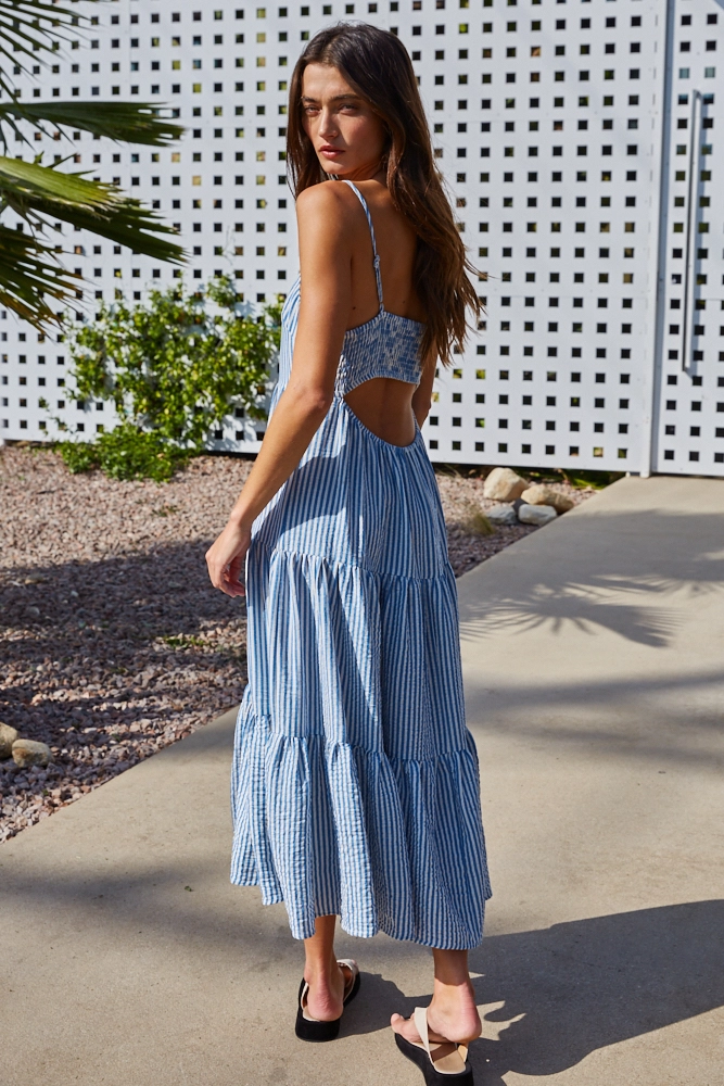 By Together- Woven Polyester Faux Linen Striped Sleeveless Maxi