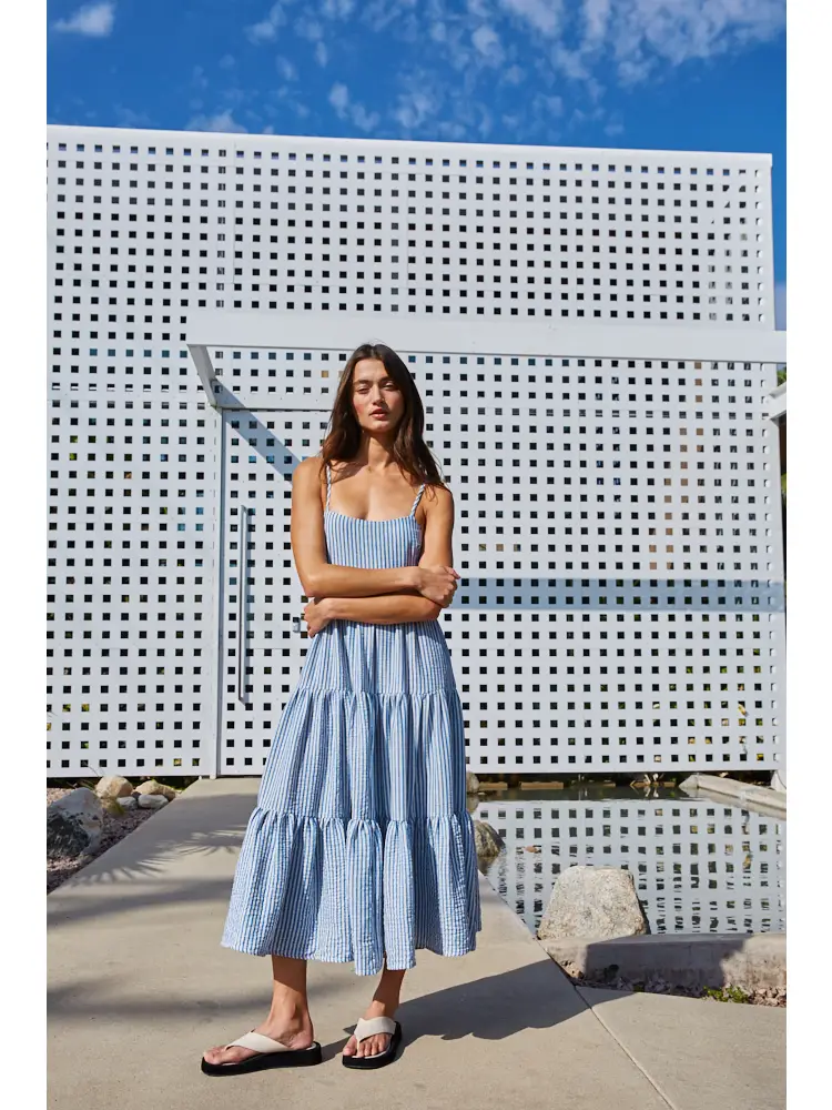 By Together- Woven Polyester Faux Linen Striped Sleeveless Maxi