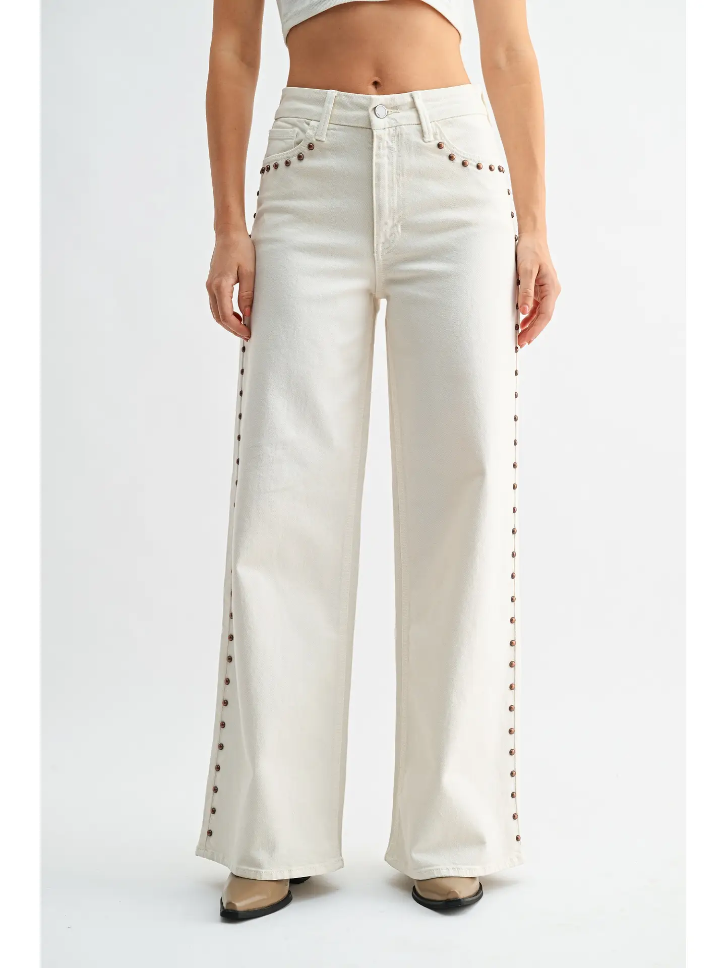 JBD- High Rise Studded Palazzo Wide Leg - Cream