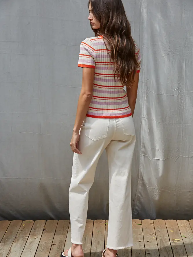 By Together- Knit Sweater Multi Color Striped Short Sleeve