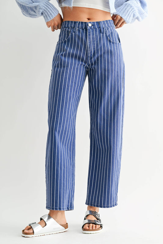 JUST BLACK DENIM NAVY STRIPE - Barrel Jean