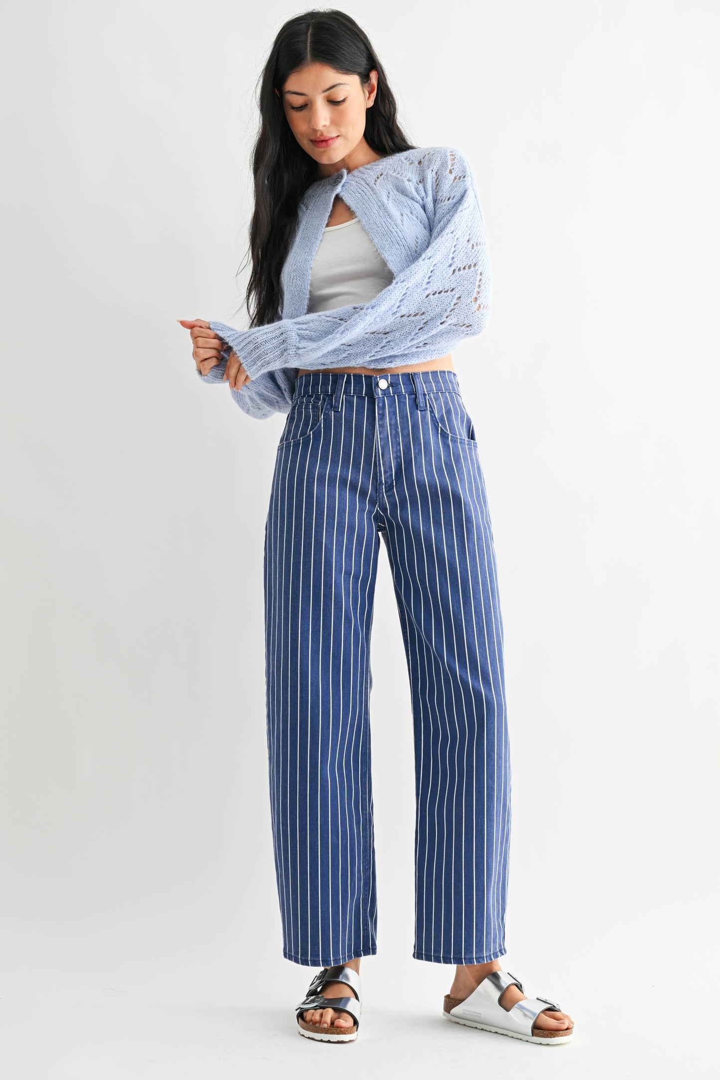 JUST BLACK DENIM NAVY STRIPE - Barrel Jean