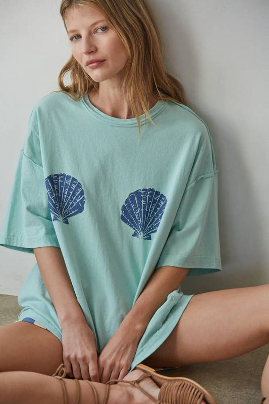 By Together -Knit Cotton Graphic Shell Print Crew Oversized Top