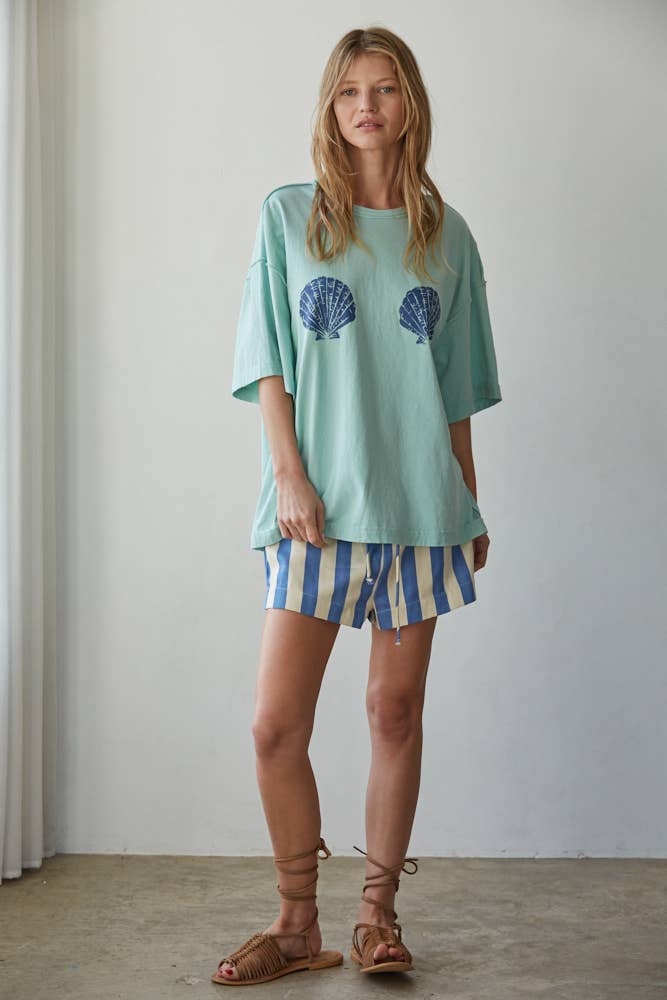 By Together -Knit Cotton Graphic Shell Print Crew Oversized Top