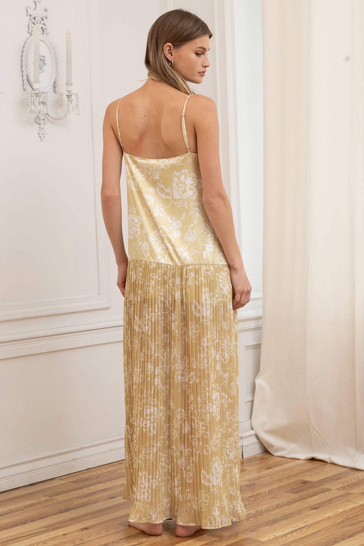RAISONNEL - Satin Bodice Chiffon Pleated Midi Dress