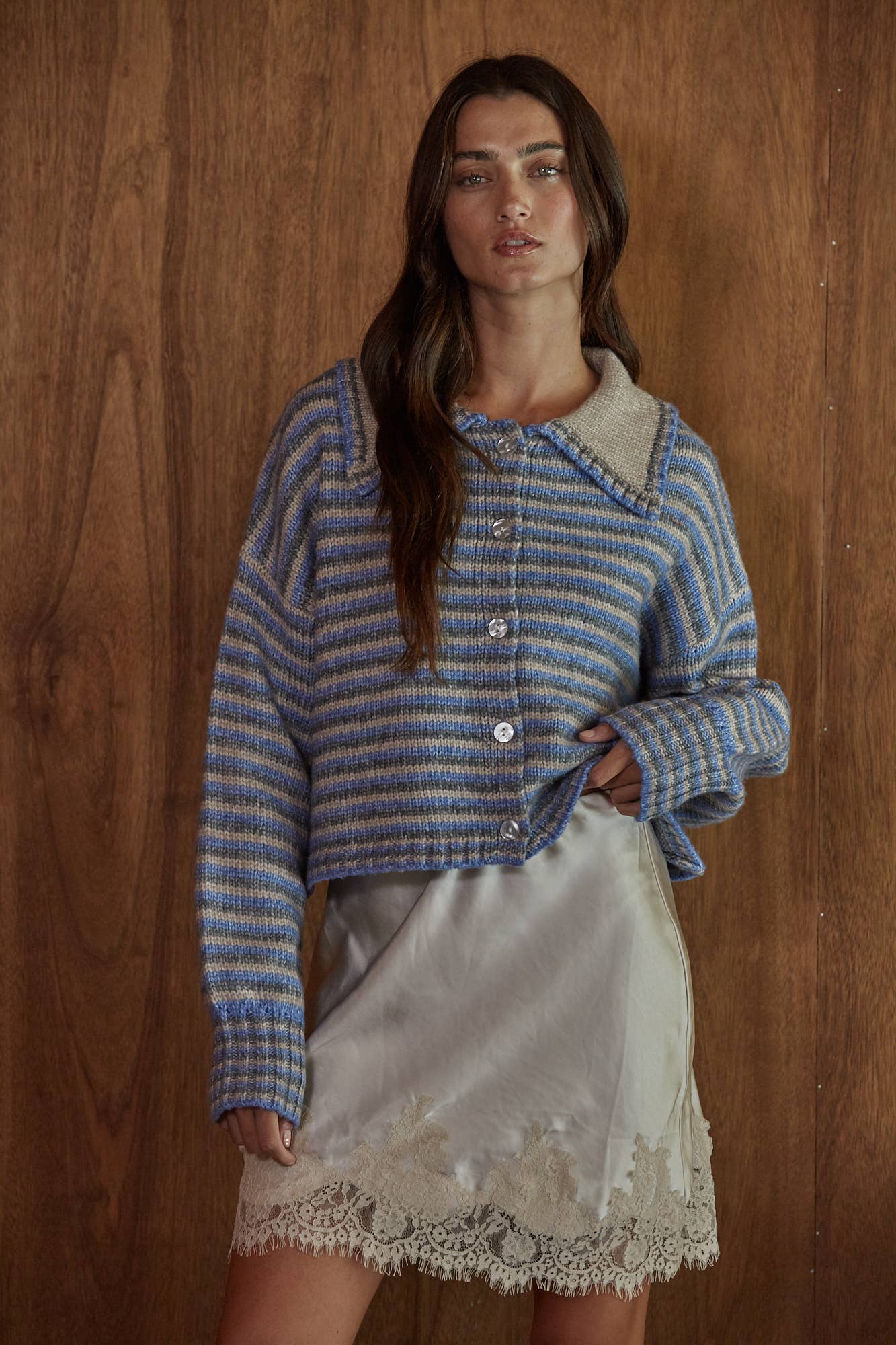 By Together  Knit Sweater Striped Collar Neck Cardigan