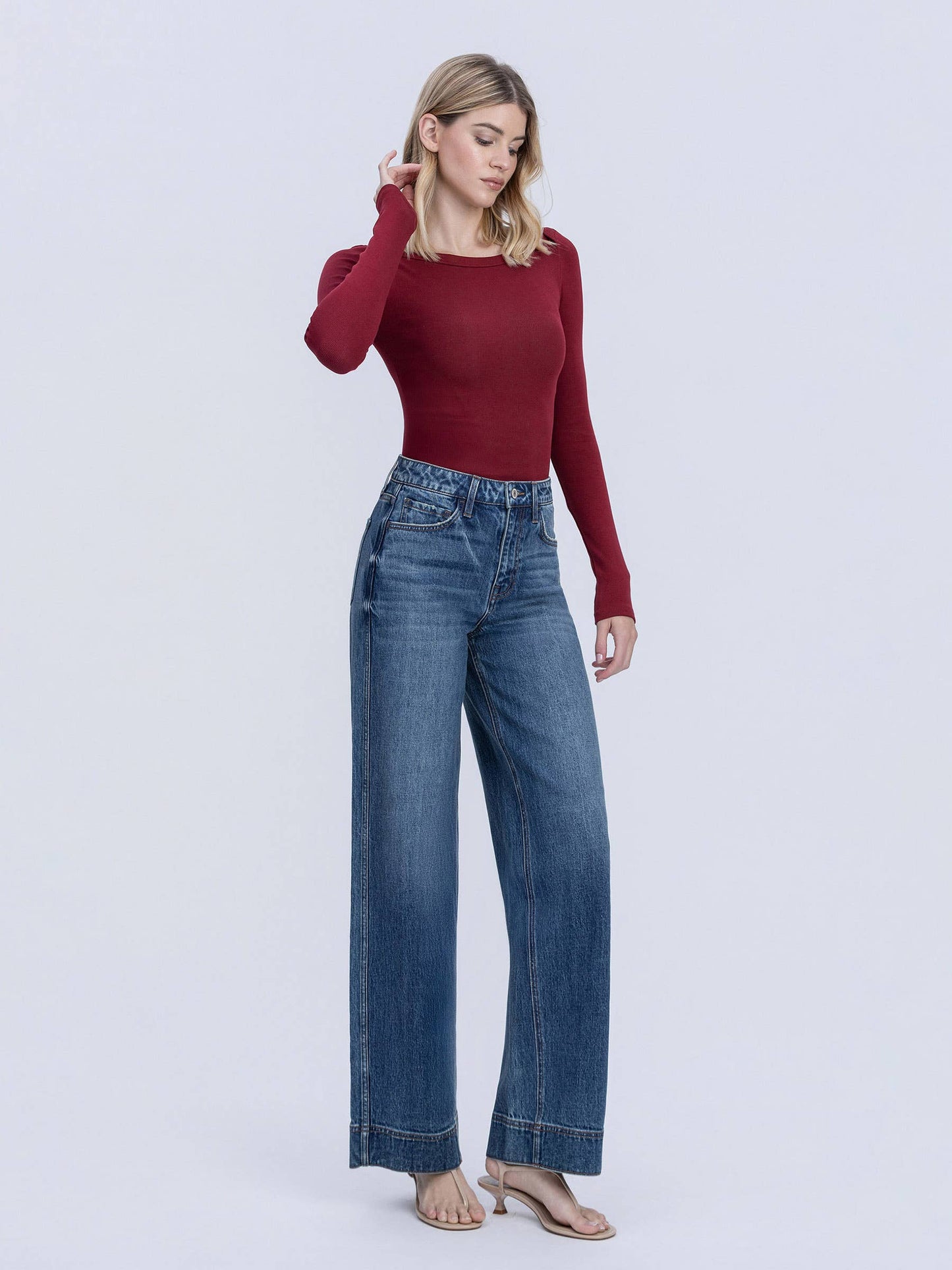 VERVET by FLYING MONKEY - SUPER HIGH RISE TROUSER HEM BAGGY WIDE LEG JEANS T7097