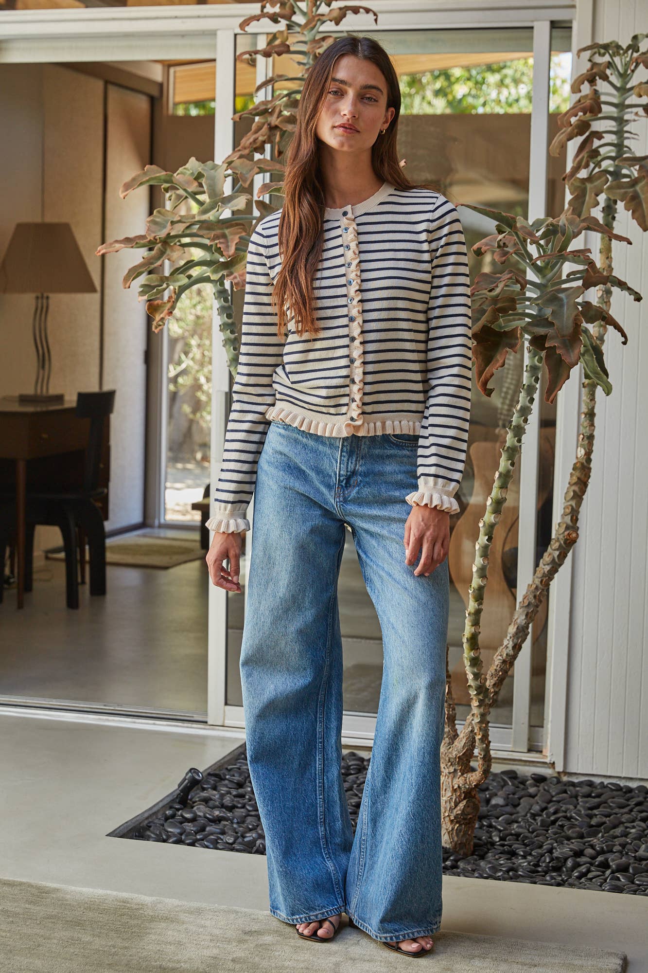 By Together Knit Sweater Cardigan Top With Lettuce Trim Detail