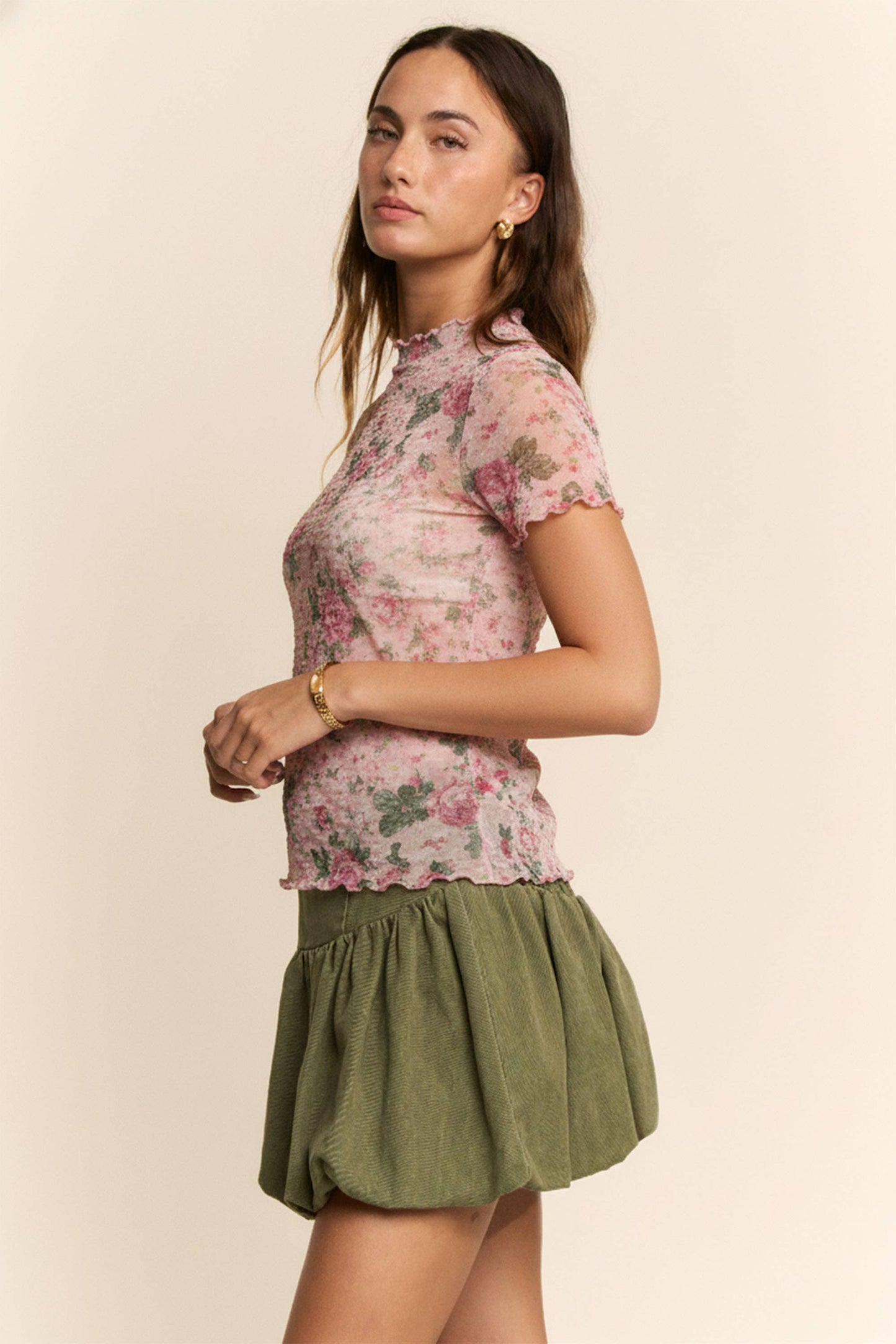 Davi & Dani - LETTUS HEM DETAIL PRINTED MESH LACE TOP