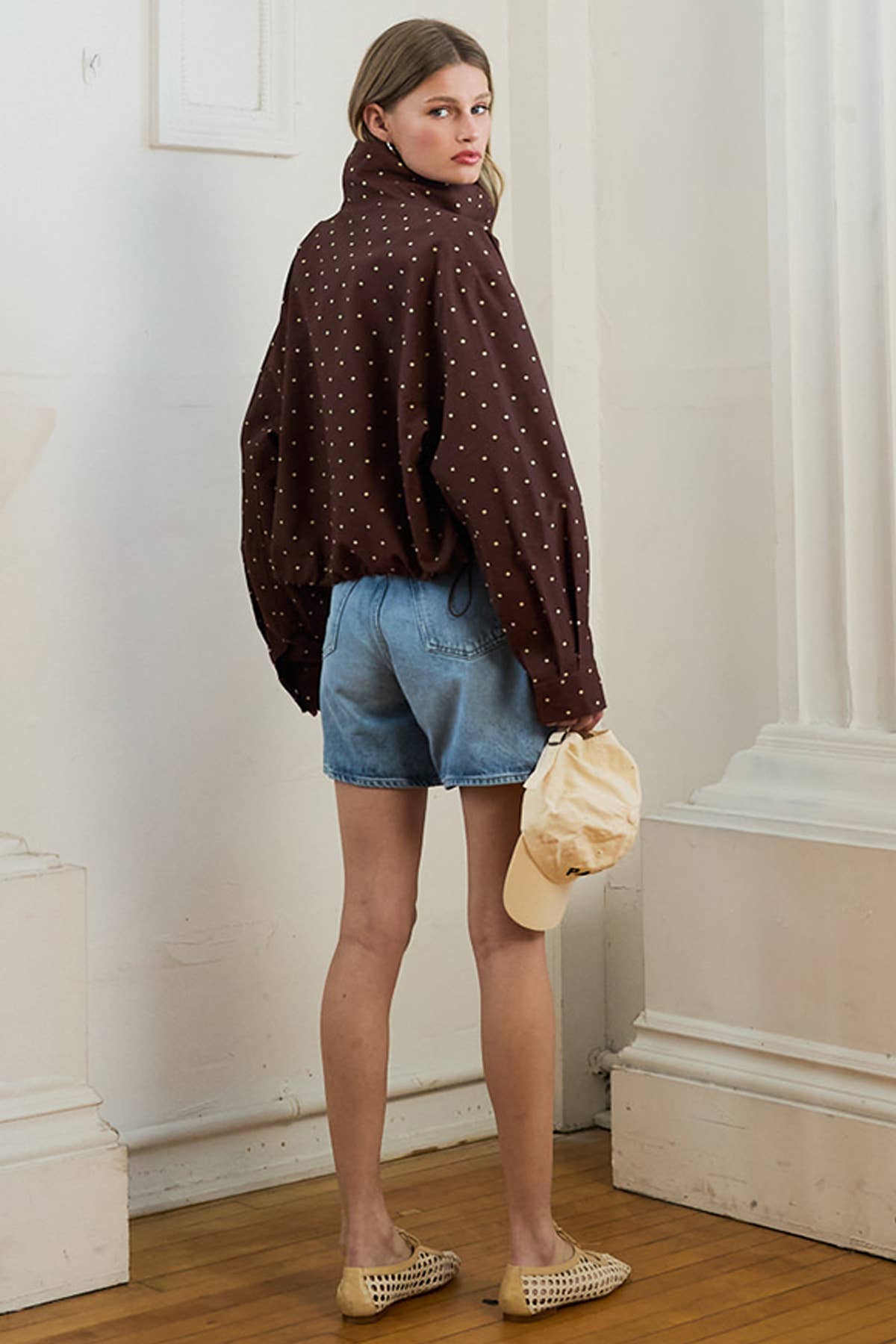 RAISONNEL - Polka Dot High Neck Drawstring Pullover Jacket