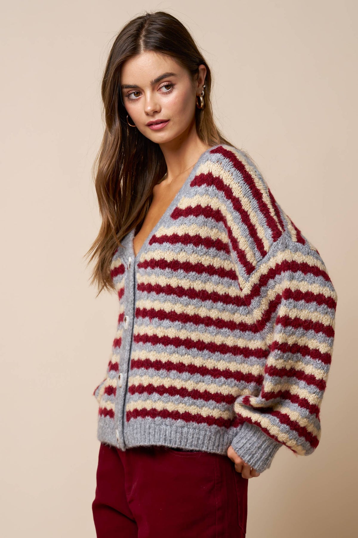 Lalavon - Relaxed Stripe V-Neck Button Cardigan