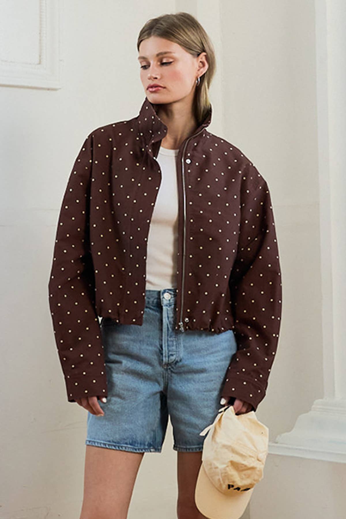 RAISONNEL - Polka Dot High Neck Drawstring Pullover Jacket