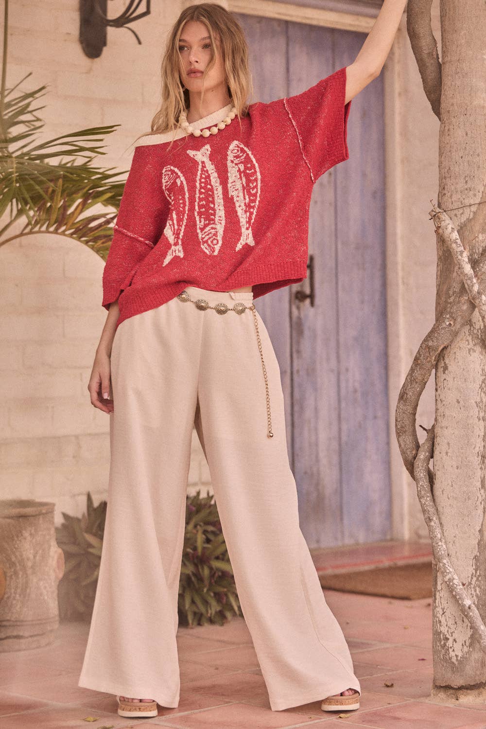 Promesa USA - Three Fishes Textured Jacquard-Knit Short-Sleeve Sweater