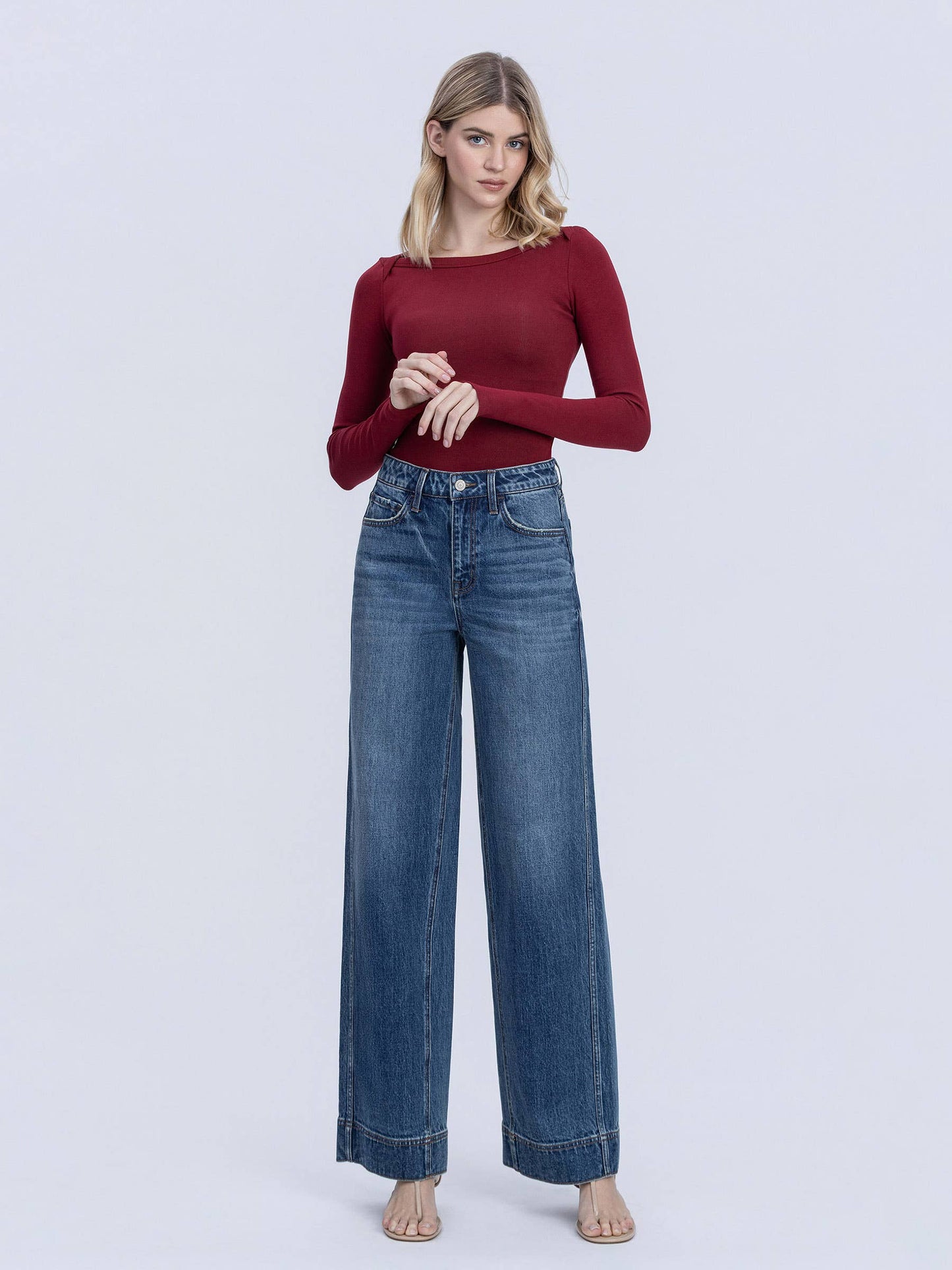 VERVET by FLYING MONKEY - SUPER HIGH RISE TROUSER HEM BAGGY WIDE LEG JEANS T7097
