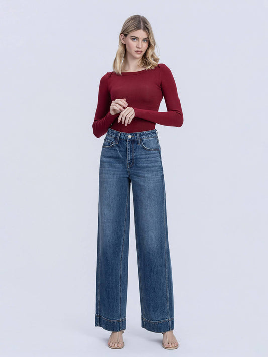VERVET by FLYING MONKEY - SUPER HIGH RISE TROUSER HEM BAGGY WIDE LEG JEANS T7097