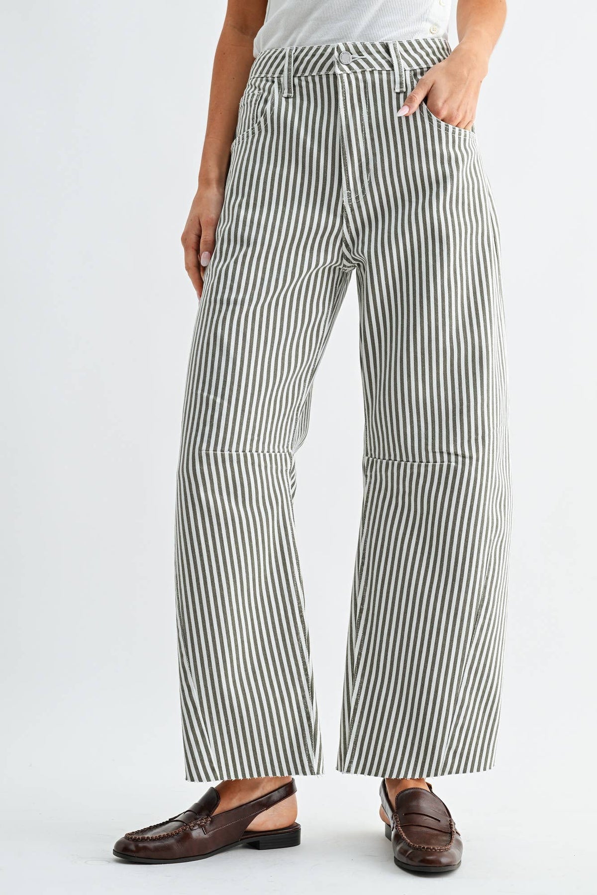 JUST BLACK DENIM - Raw Hem Barrel Jean w/ Seams - OLIVE STRIPE - BP473J