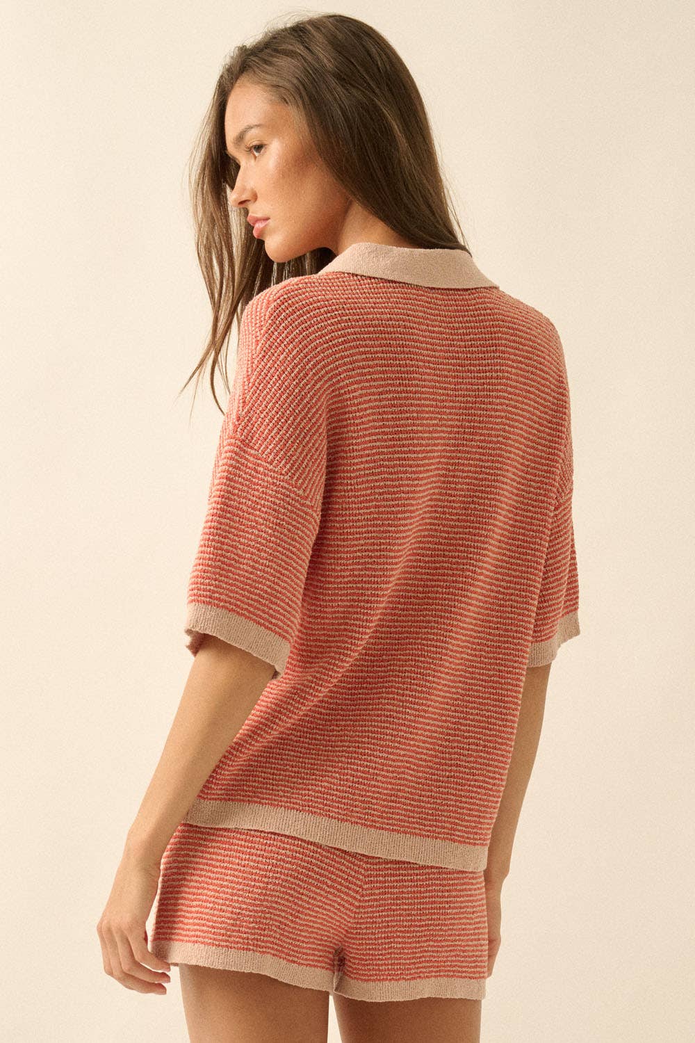 Promesa USA - Striped Rib-Knit Collared Split-Neck Top