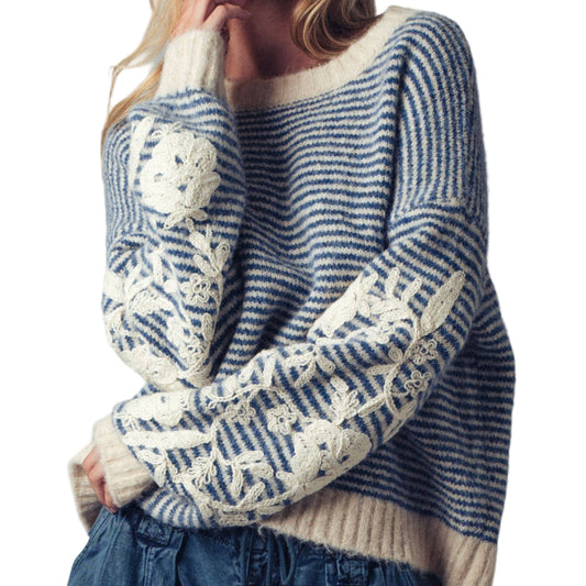 Urban Daizy - Floral Embroidered Striped Knit Sweater