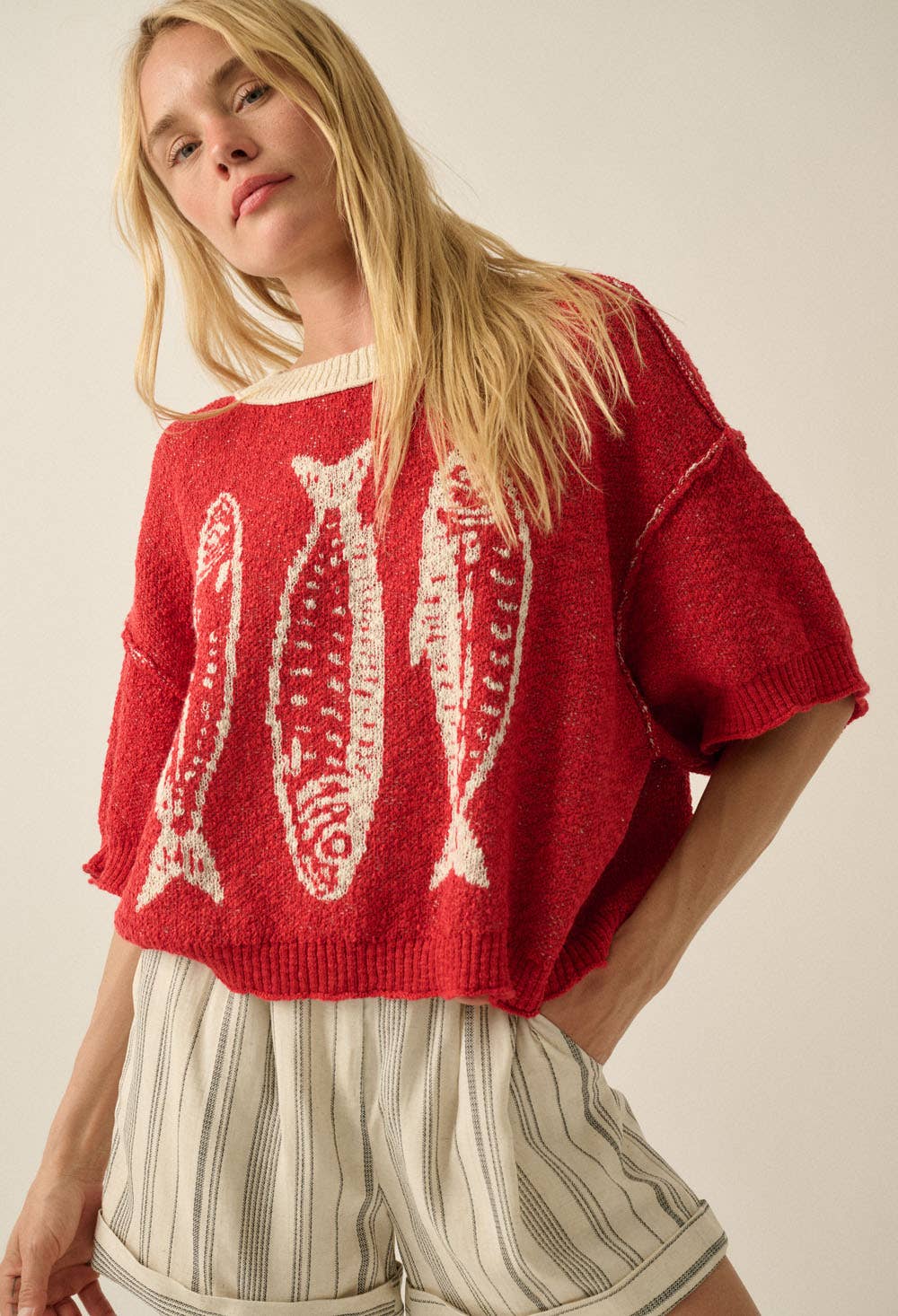 Promesa USA - Three Fishes Textured Jacquard-Knit Short-Sleeve Sweater