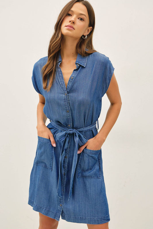 Be Cool - MINI DENIM LOOK TENCEL BUTTON UP DRESS WITH POCKETS