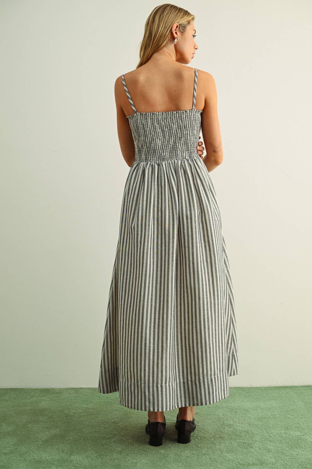 MIOU MUSE -   STRIPED FABRIC WITH SMOCKING TOP MAXI DRESS