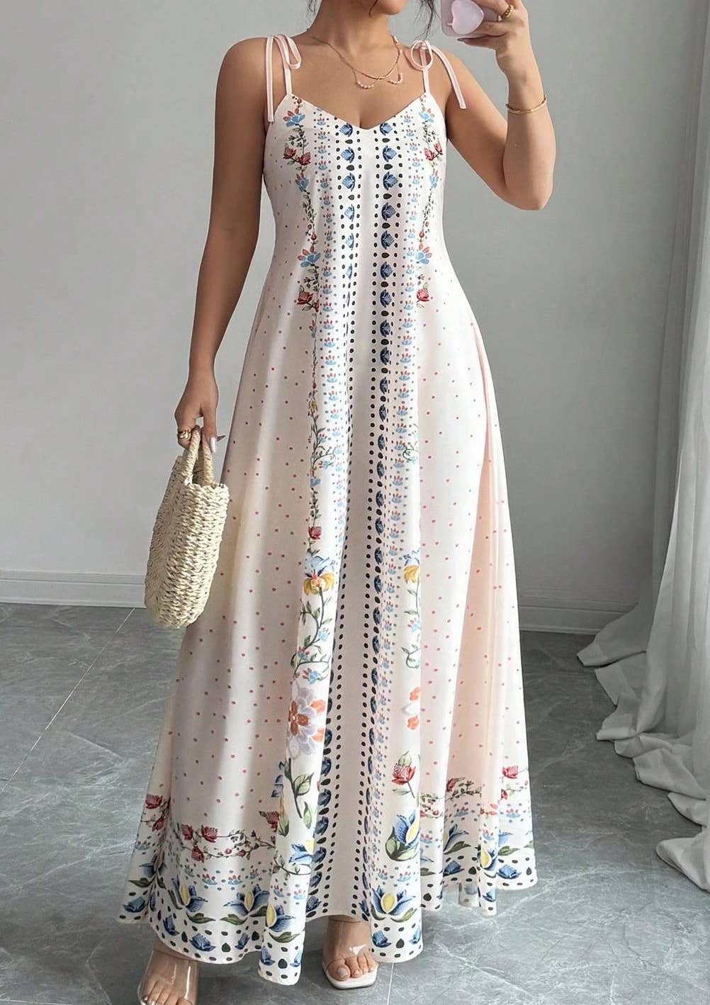 HIDDENBRAND - Vacation Tie Spaghetti Floral Print Strap Maxi Dress
