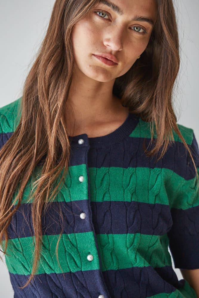By Together -  Cable Knit Button Down Short Sleeve Cardigan Top