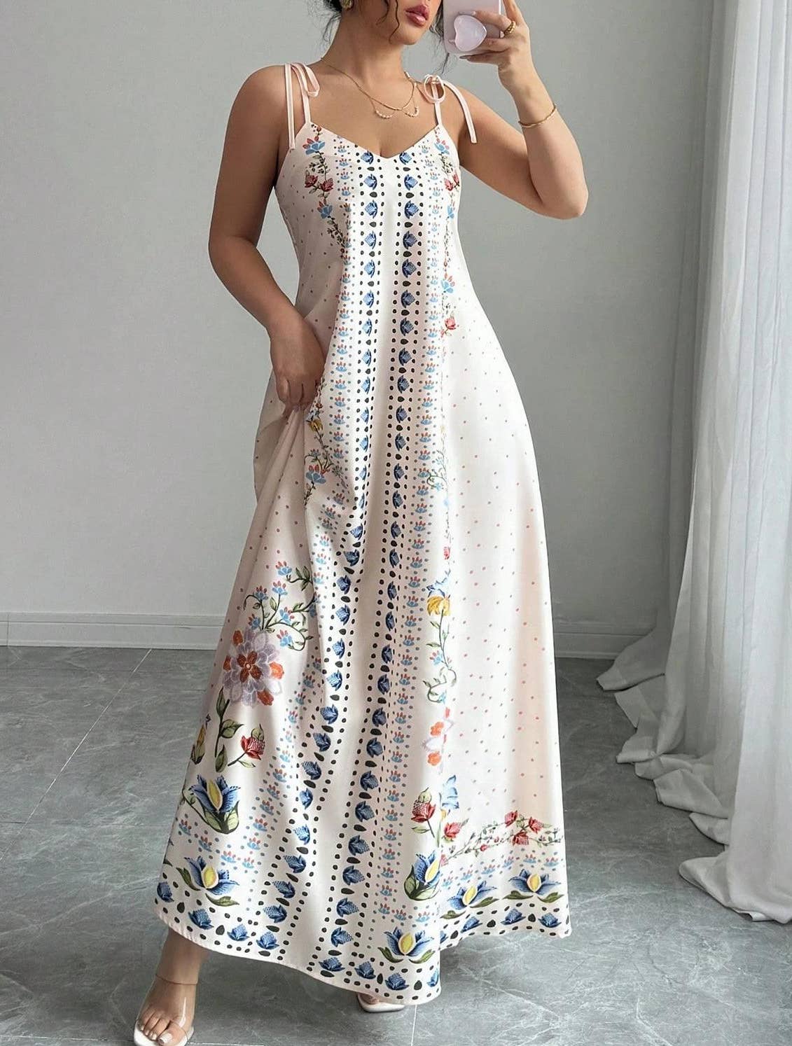 HIDDENBRAND - Vacation Tie Spaghetti Floral Print Strap Maxi Dress