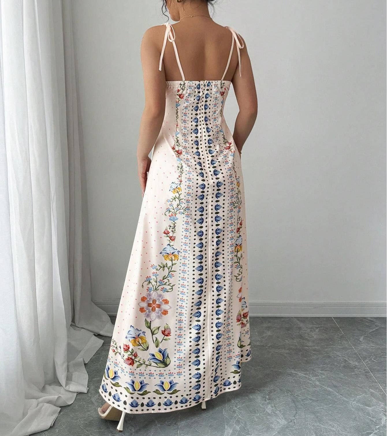 HIDDENBRAND - Vacation Tie Spaghetti Floral Print Strap Maxi Dress