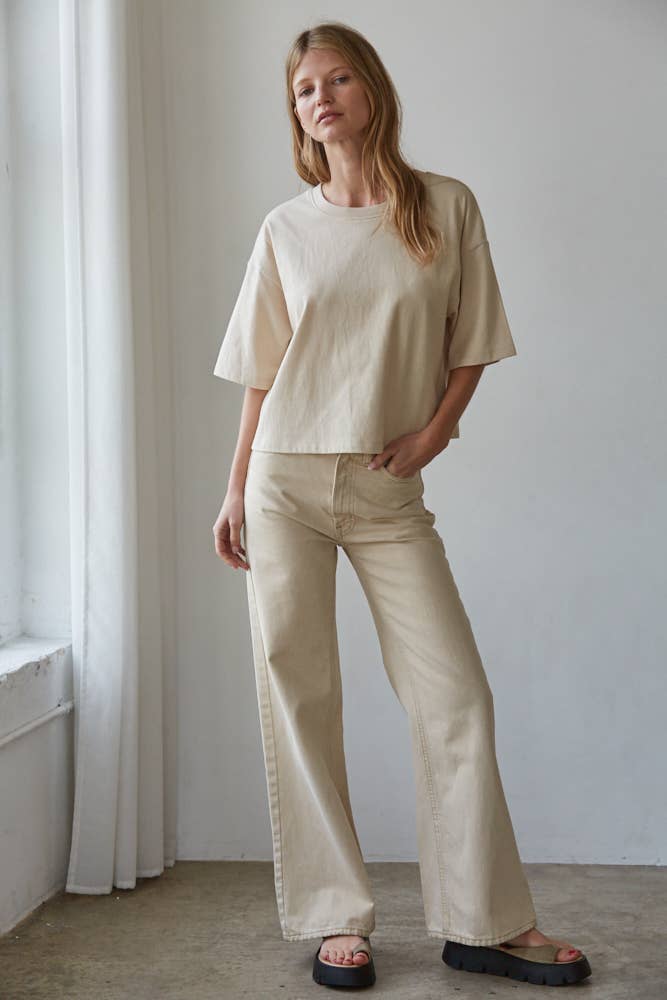 By Together - Knit Cotton Crew Neck Drop Shoulder Short Sleeve Top