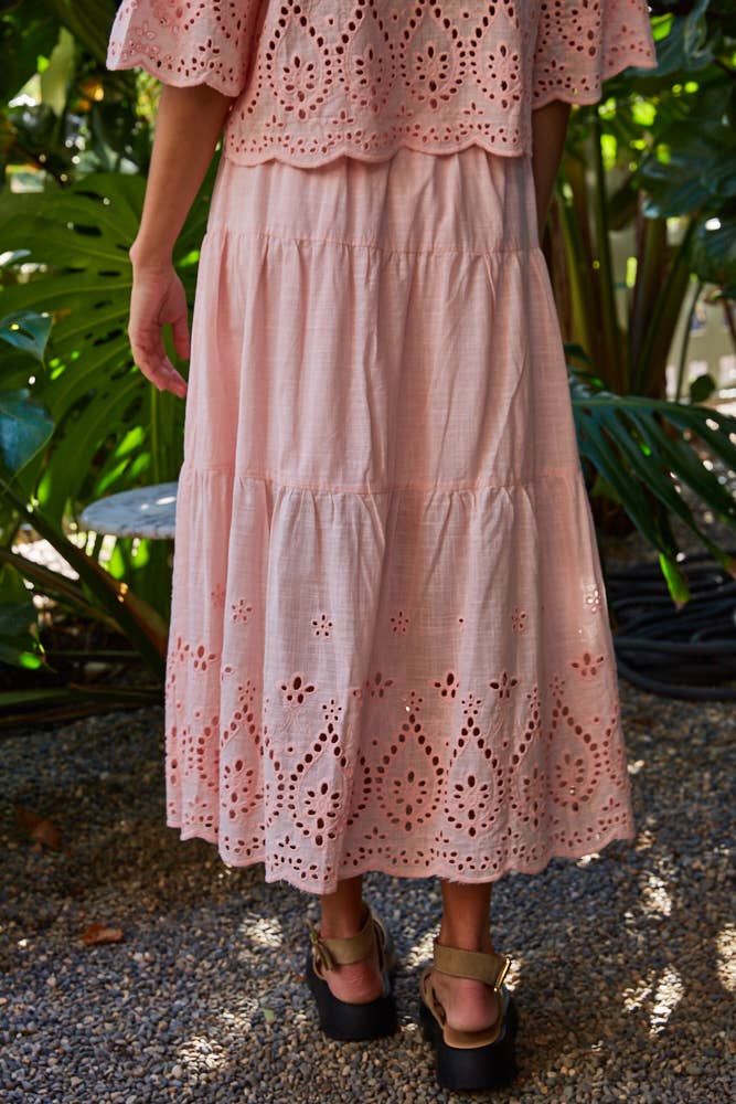 By Together - Woven Cotton Embroidered Waist Banded Ruffled Skirt