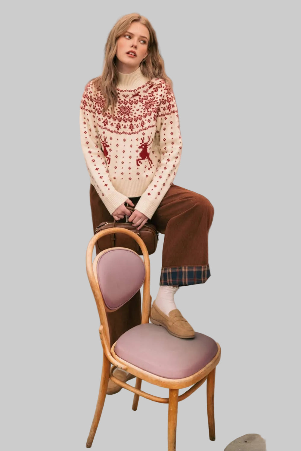 MIOU MUSE - CLASSIC NORDIC REINDEER & SNOWFLAKE ROUND-YOKE SWEATER