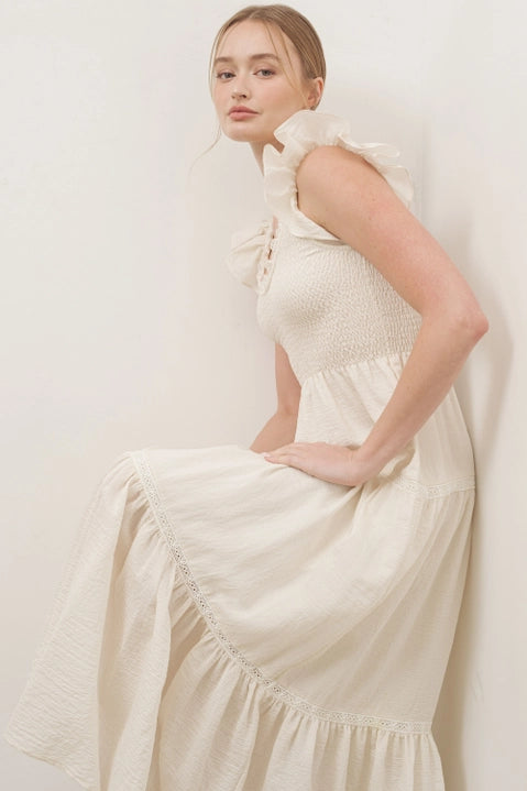 Lace Ruffle Shoulder Smocking Bodice Maxi Dress