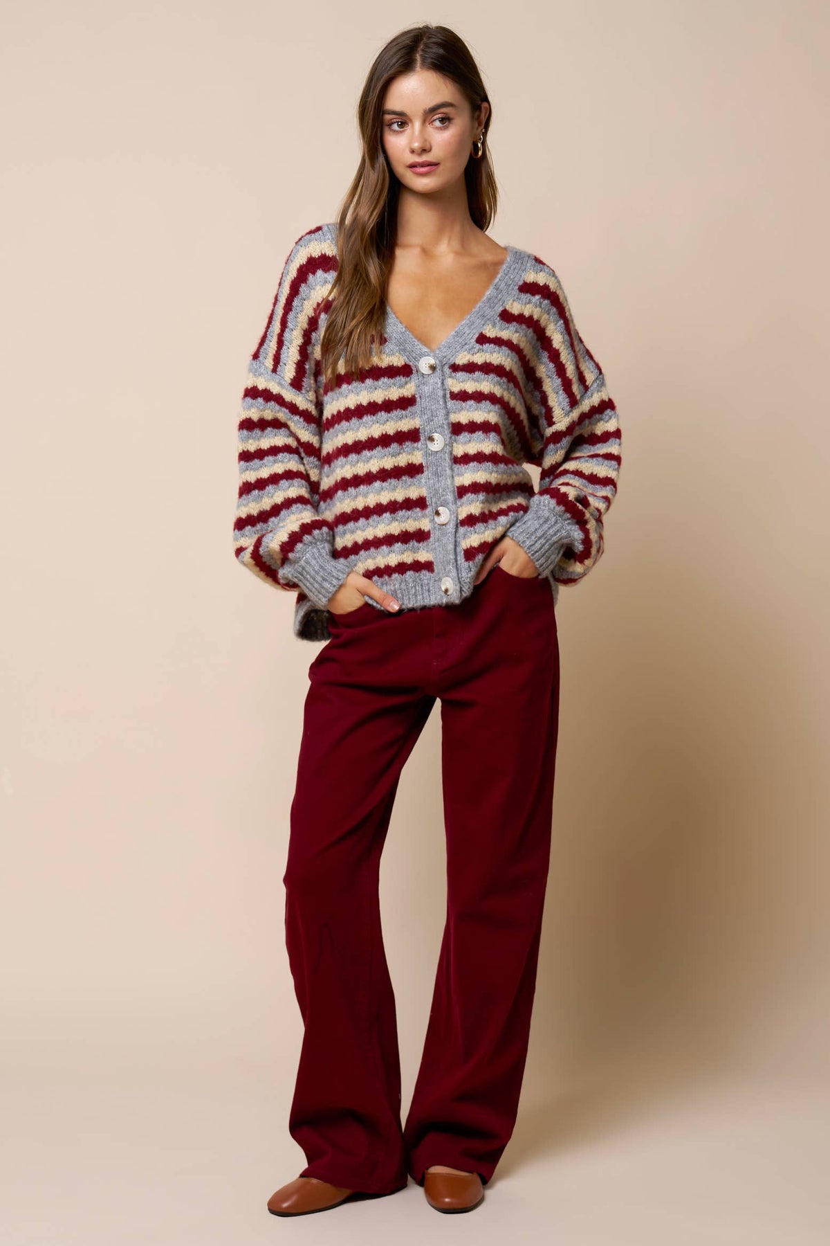 Lalavon - Relaxed Stripe V-Neck Button Cardigan