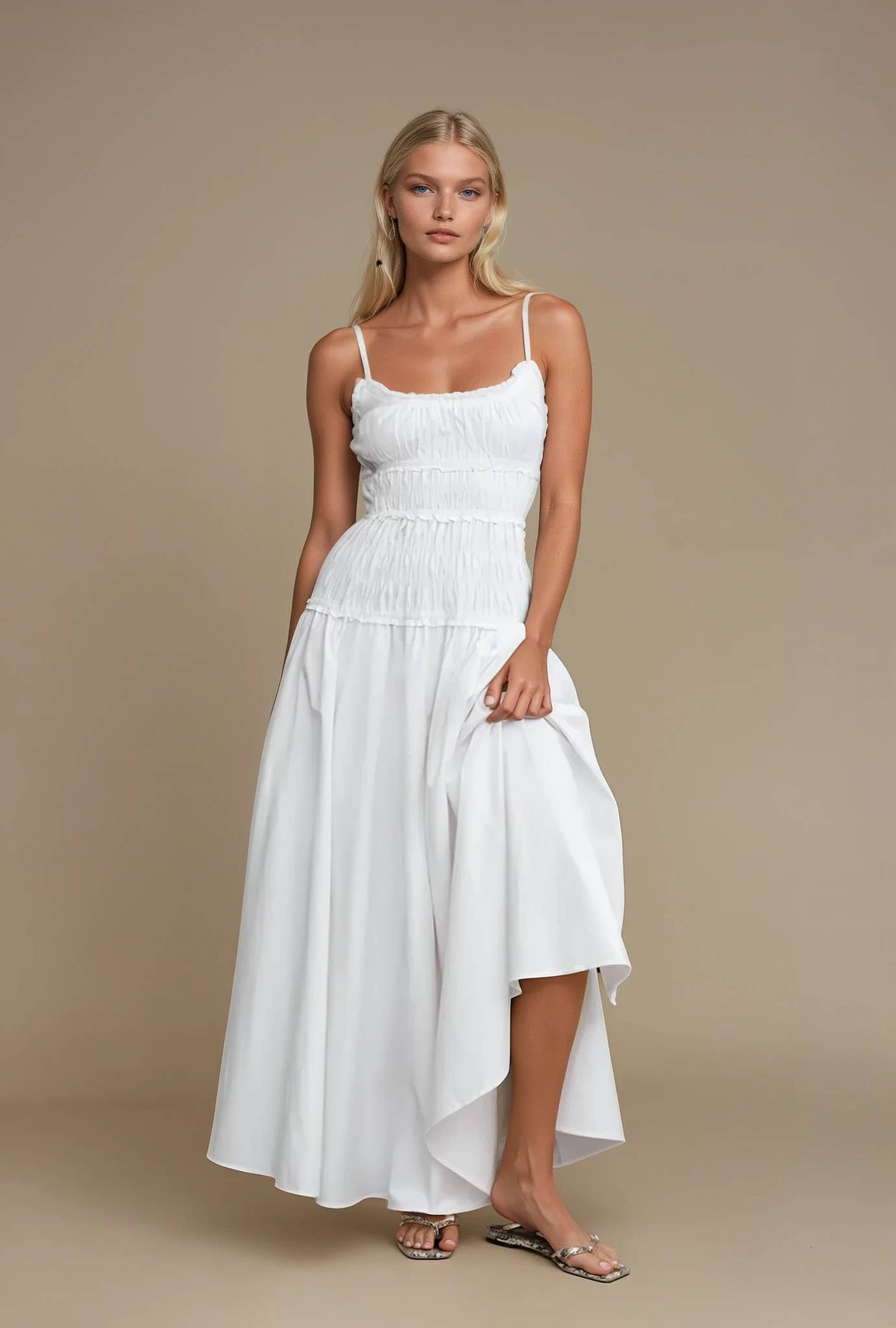 WISTERIA LANE - WHITE SMOCKED MAXI COTTON DRESS