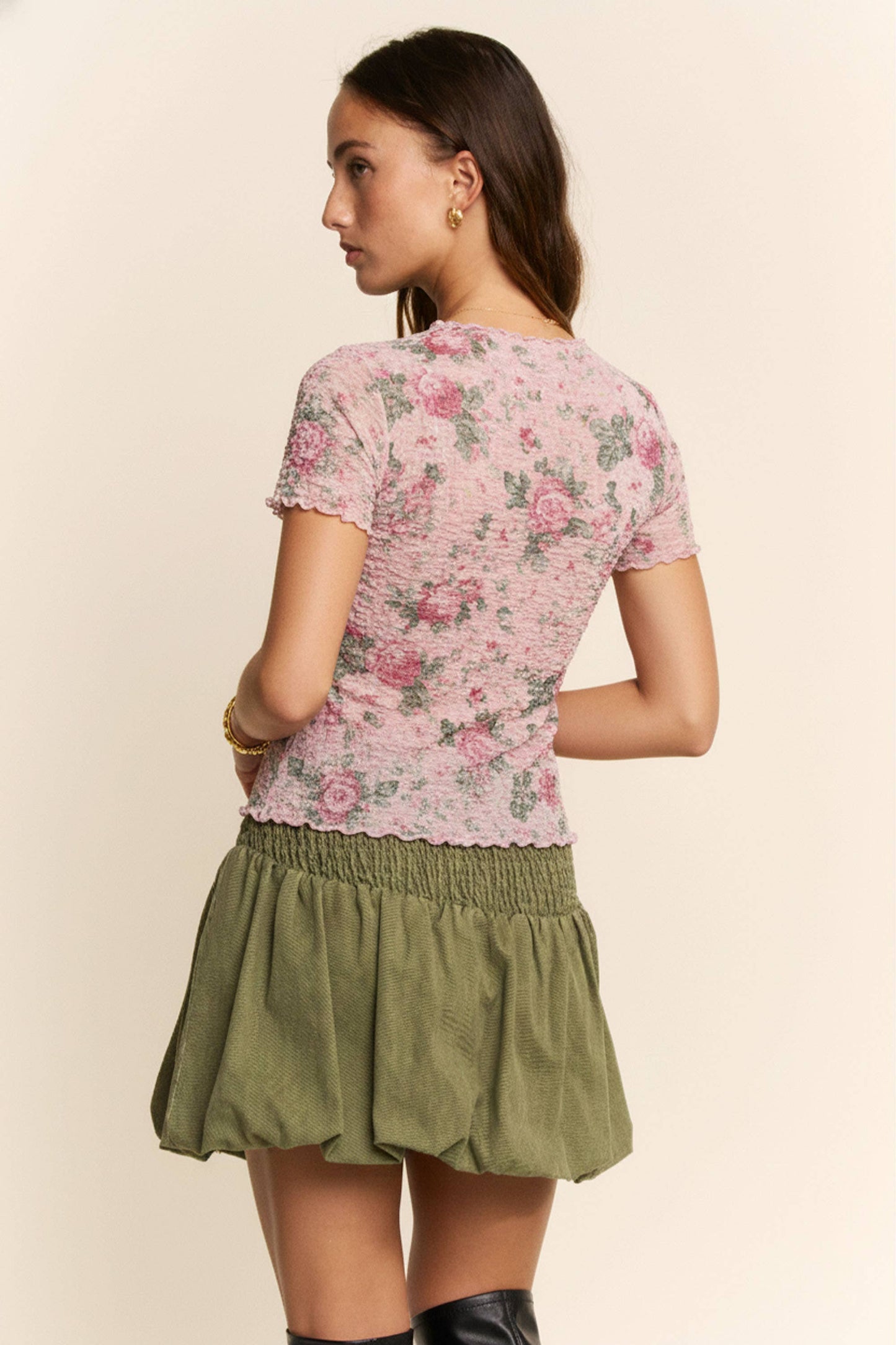 Davi & Dani - LETTUS HEM DETAIL PRINTED MESH LACE TOP