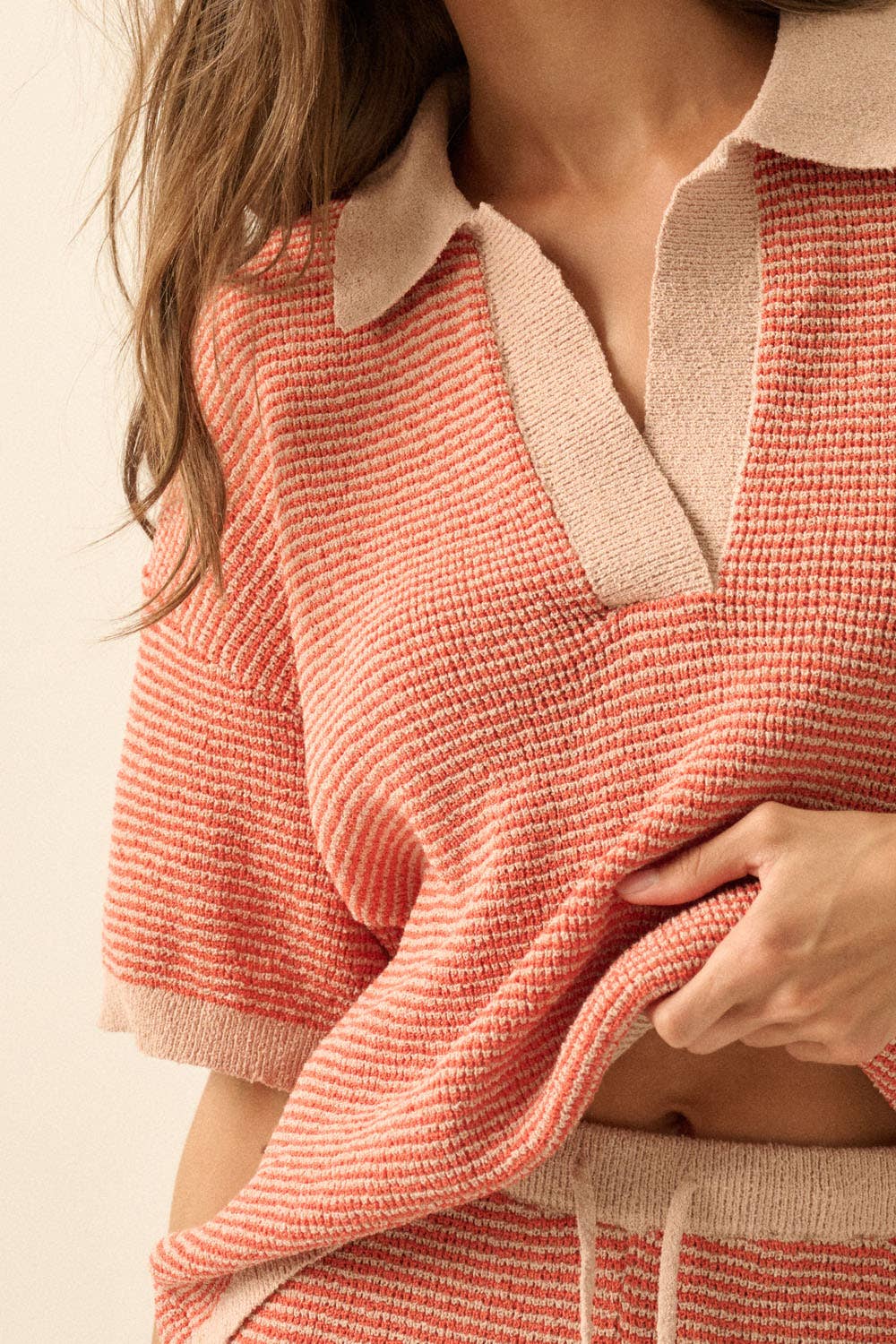 Promesa USA - Striped Rib-Knit Collared Split-Neck Top