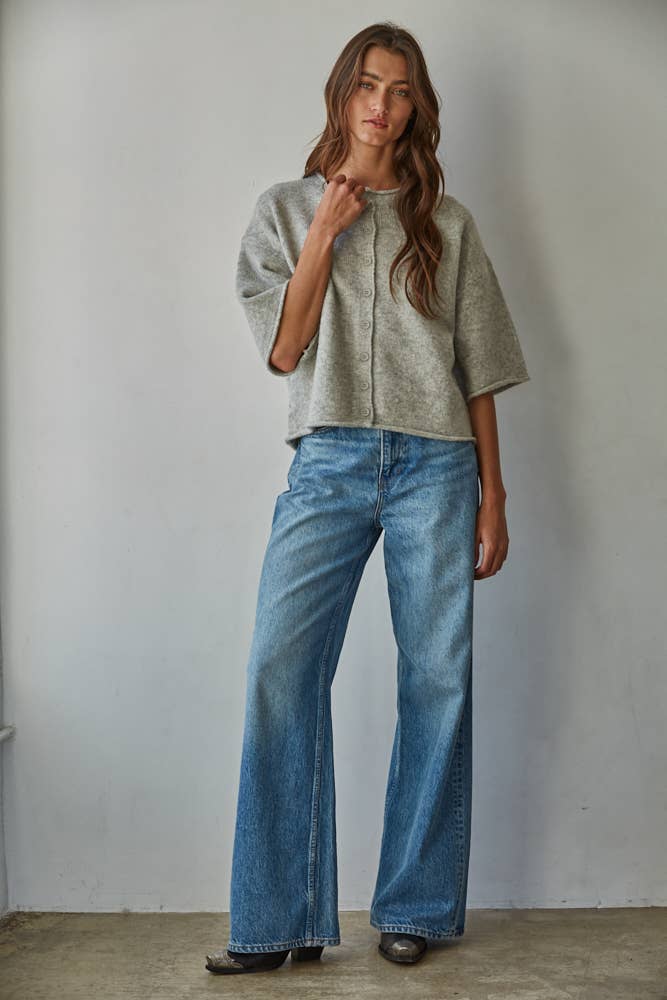 By Together -  Knit Sweater Quarter Sleeve Button Up Cardigan Top
