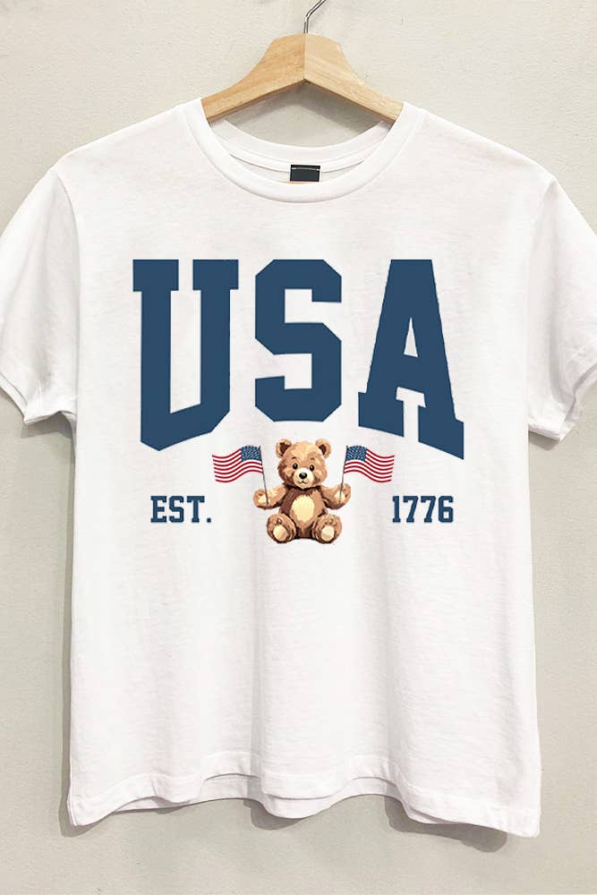 Sweet Claire - Patriotic USA Teddy Relaxed White T-Shirt