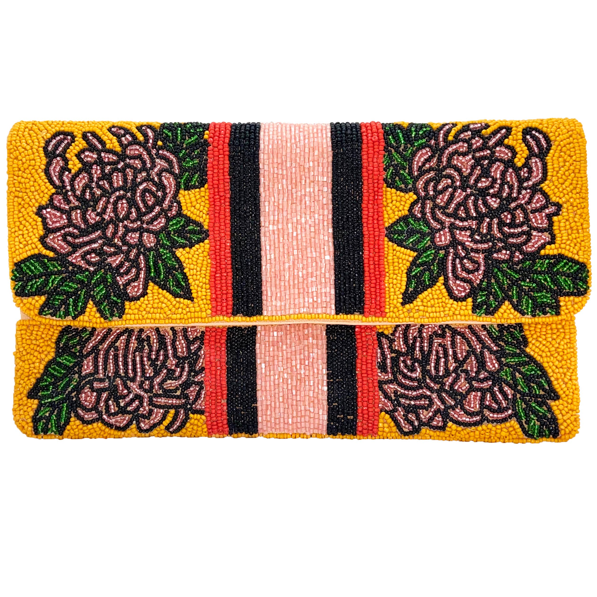 PINK FLORALS WITH RED &amp; BLACK OUTLINES BEADED CLUTCH